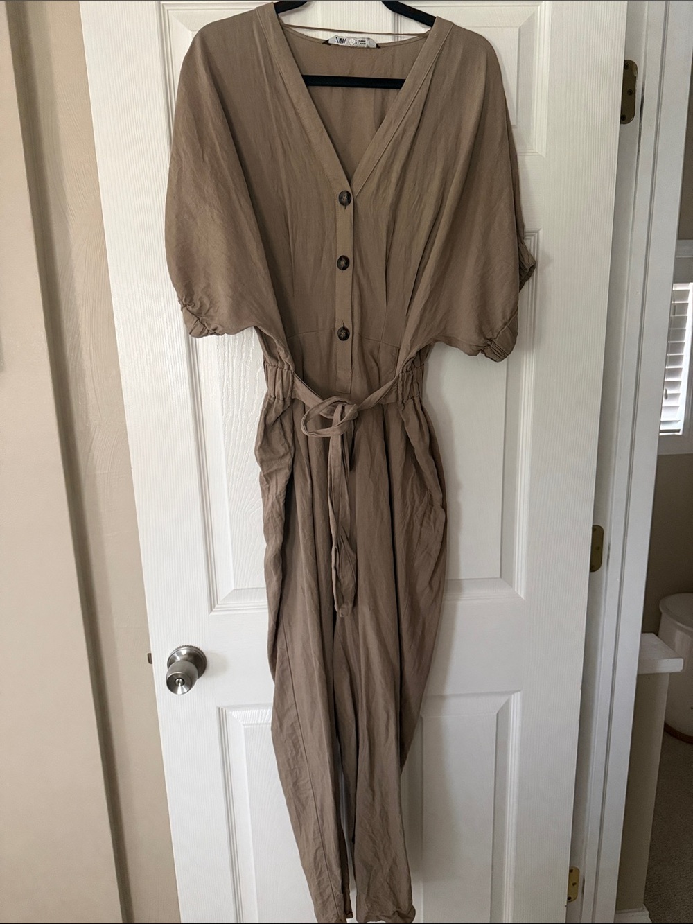 Zara Taupe V-Neck Linen Cotton Jumpsuit with Tie Waist